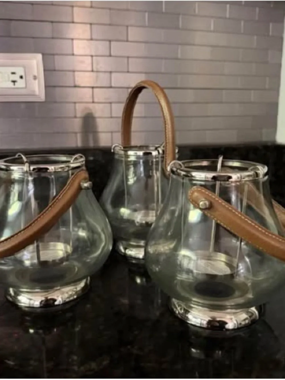 Glass & Leather Petite Hurricane Lanterns | Set of 3